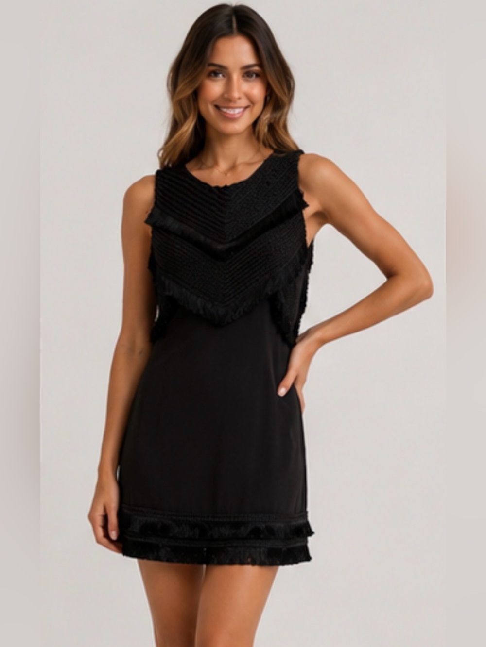 Mara Hoffman Black Fringe Chevron Open Back Mini Dress Size 4